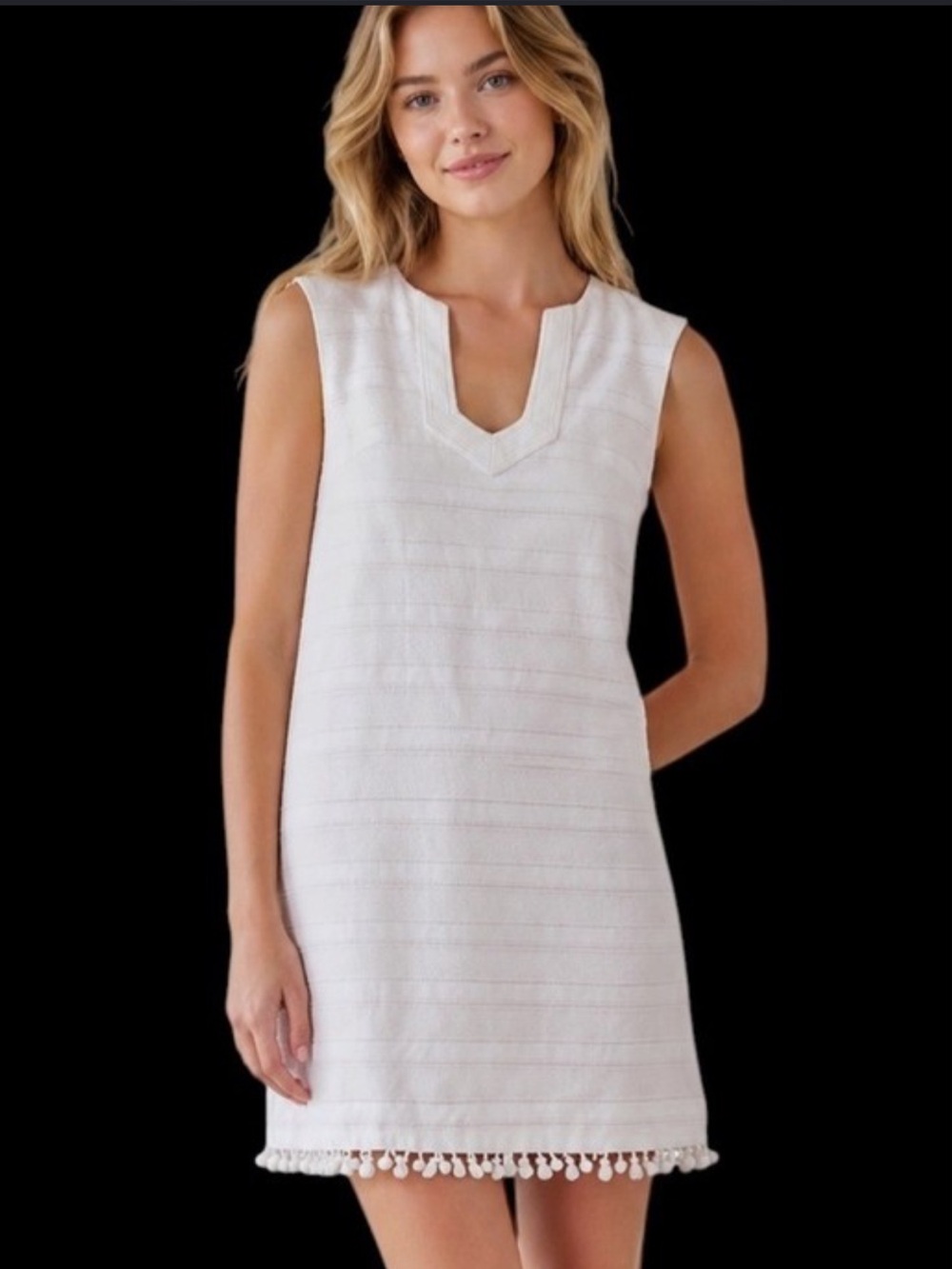 Trina Turk Textured White Cotton Dress with Pom Trim Size 6